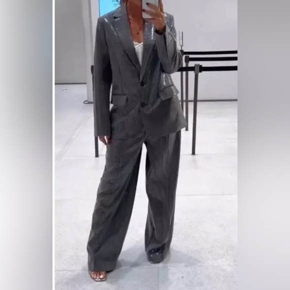 NWT Zara gray sequin menswear wide leg trousers Large - Picture 2 of 4